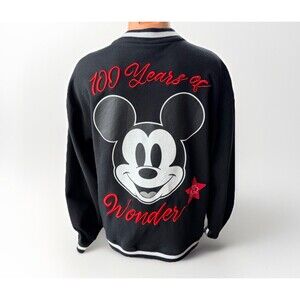 Disney Women’s 100 Years Varsity Jacket Size L Black Snap Embroidered